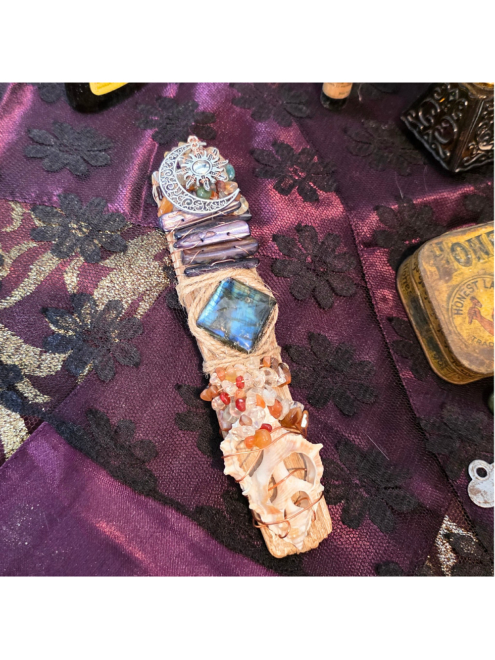 Handcrafted Driftwood Wand, Labradorite, Copper Wrapped Crystals, Sunrise Sunset